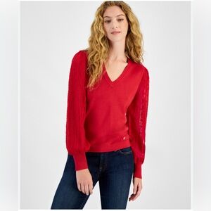 TOMMY HILFIGER Women's Clip-dot-sleeve Sweater In Chili Pepper Large